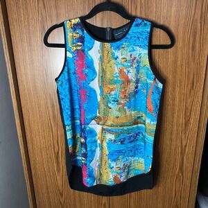 VIDA Abstract Print Sleeveless Top Womens XS Blue Gold Art‎ Zip Back Shell